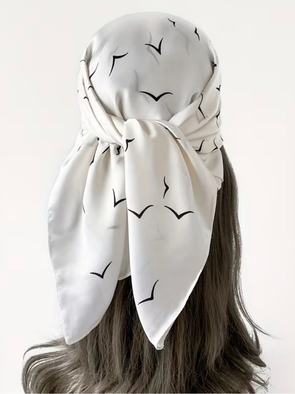 White Silk Scarf Headwrap with Black Bird Print